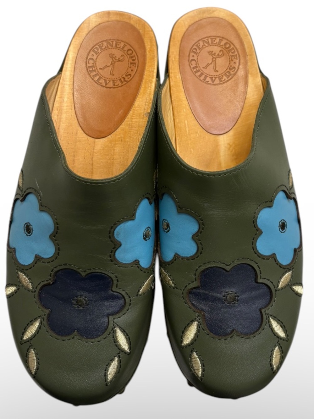 Penelope Chilvers green blue clogs floral made in Spain 39
